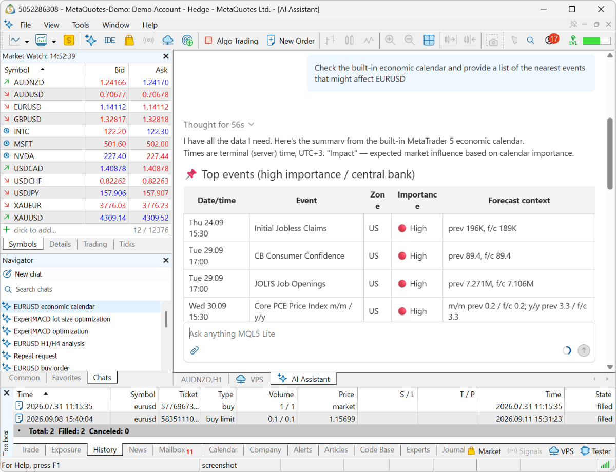 新版 MetaTrader 5 平台 Build 6230：扩展的 AI 功能